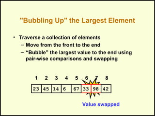 "Bubbling Up" the Largest Element
• Traverse a collection of elements
– Move from the front to the end
– “Bubble” the largest value to the end using
pair-wise comparisons and swapping
Swap
1 2 3 4 5 6 7 8
331445 6 67 9823 42
Value swapped
 