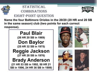 Statistical CombinationsEight-Point QuestionName the four Baltimore Orioles in the 20/20 (20 HR and 20 SB in the same season) club (two points for each correct response). Paul Blair(26 HR 20 SB in 1969)Don Baylor(25 HR 32 SB in 1975)Reggie Jackson(27 HR 28 SB in 1976)Brady Anderson(21 HR 53 SB in 1992, 50 HR 21 SB in 1996, 24 HR 36 SB in 1999)