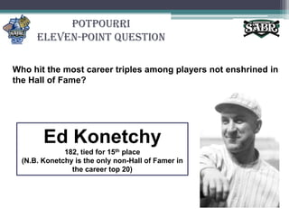 PotpourriEleven-Point QuestionWho hit the most career triples among players not enshrined in the Hall of Fame? Ed Konetchy182, tied for 15th place (N.B. Konetchy is the only non-Hall of Famer in the career top 20)