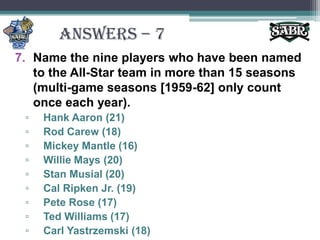 ANSWERS – 7Name the nine players who have been named to the All-Star team in more than 15 seasons (multi-game seasons [1959-62] only count once each year).Hank Aaron (21)Rod Carew (18)Mickey Mantle (16)Willie Mays (20)Stan Musial (20)Cal Ripken Jr. (19)Pete Rose (17)Ted Williams (17)Carl Yastrzemski (18)