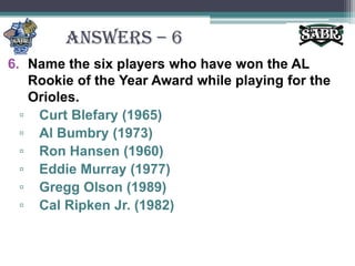 ANSWERS – 6Name the six players who have won the AL Rookie of the Year Award while playing for the Orioles.Curt Blefary (1965)Al Bumbry (1973)Ron Hansen (1960)Eddie Murray (1977)Gregg Olson (1989)Cal Ripken Jr. (1982)