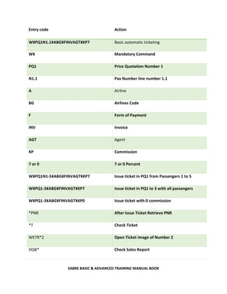 SABRE BASIC & ADVANCED TRAINING MANUAL BOOK
Entry code Action
W¥PQ1N1.1¥ABG¥FINVAGT¥KP7 Basic automatic ticketing
W¥ Mandatory Command
PQ1 Price Quotation Number 1
N1.1 Pax Number line number 1.1
A Airline
BG Airlines Code
F Form of Payment
INV Invoice
AGT Agent
KP Commission
7 or 0 7 or 0 Percent
W¥PQ1N1-5¥ABG¥FINVAGT¥KP7 Issue ticket in PQ1 from Passengers 1 to 5
W¥PQ1-3¥ABG¥FINVAGT¥KP7 Issue ticket in PQ1 to 3 with all passengers
W¥PQ1-3¥ABG¥FINVAGT¥KP0 Issue ticket with 0 commission
*PNR After Issue Ticket Retrieve PNR
*T Check Ticket
WETR*2 Open Ticket image of Number 2
DQB* Check Sales Report
 
