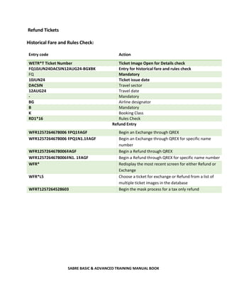 SABRE BASIC & ADVANCED TRAINING MANUAL BOOK
Refund Tickets
Historical Fare and Rules Check:
Entry code Action
WETR*T Ticket Number Ticket Image Open for Details check
FQ10JUN24DACSIN12AUG24-BG¥BK Entry for historical fare and rules check
FQ Mandatory
10JUN24 Ticket issue date
DACSIN Travel sector
12AUG24 Travel date
- Mandatory
BG Airline designator
B Mandatory
K Booking Class
RD1*16 Rules Check
Refund Entry
WFR1257264678006 ‡PQ1‡AGF Begin an Exchange through QREX
WFR1257264678006 ‡PQ1N1.1‡AGF Begin an Exchange through QREX for specific name
number
WFR1257264678006‡AGF Begin a Refund through QREX
WFR1257264678006‡N1. 1‡AGF Begin a Refund through QREX for specific name number
WFR* Redisplay the most recent screen for either Refund or
Exchange
WFR*L5 Choose a ticket for exchange or Refund from a list of
multiple ticket images in the database
WFRT1257264528603 Begin the mask process for a tax only refund
 
