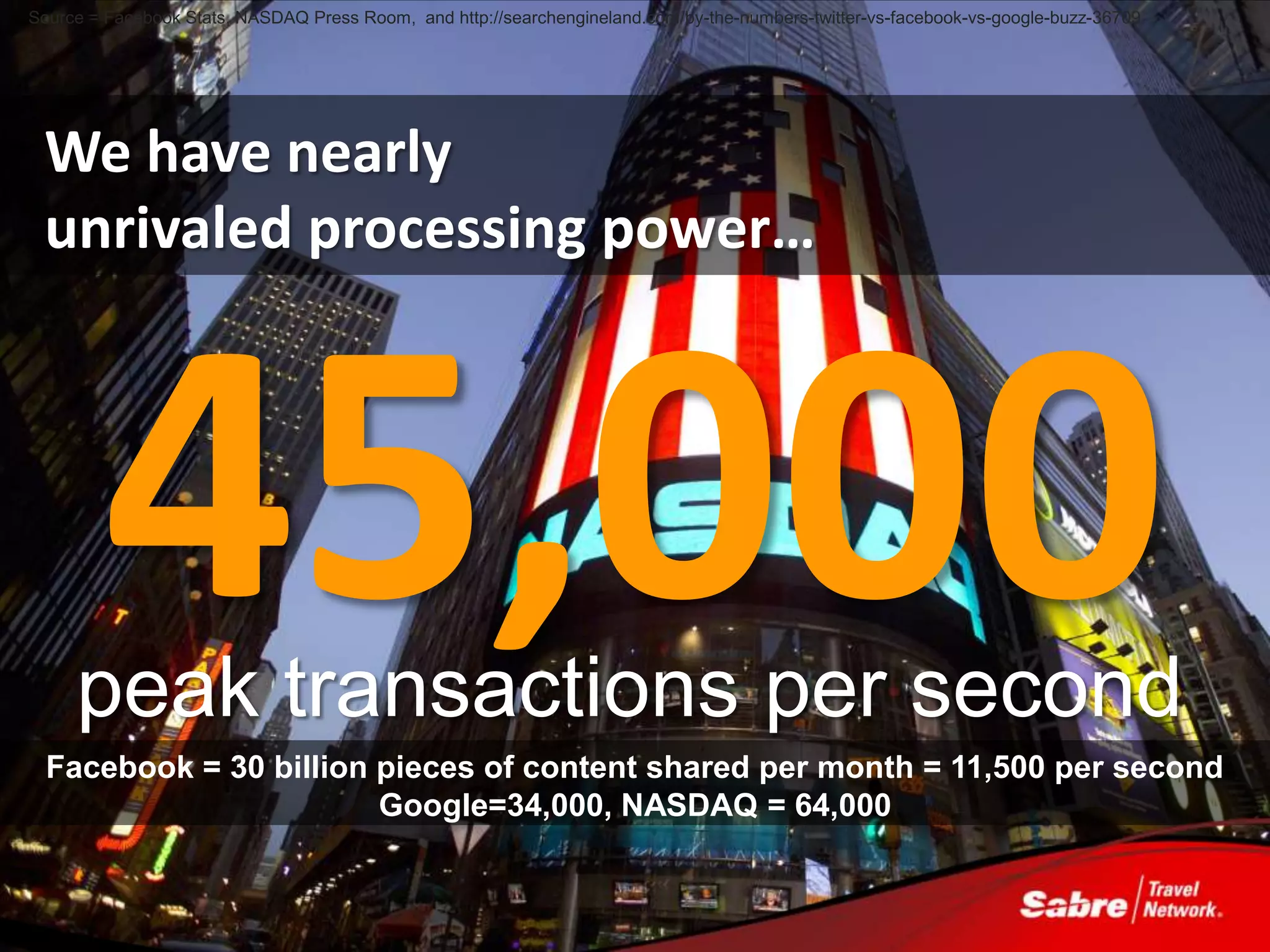 Source = Facebook Stats, NASDAQ Press Room, and http://searchengineland.com/by-the-numbers-twitter-vs-facebook-vs-google-buzz-36709




 We have nearly
 unrivaled processing power…




     peak transactions per second
  Facebook = 30 billion pieces of content shared per month = 11,500 per second
                        Google=34,000, NASDAQ = 64,000
 