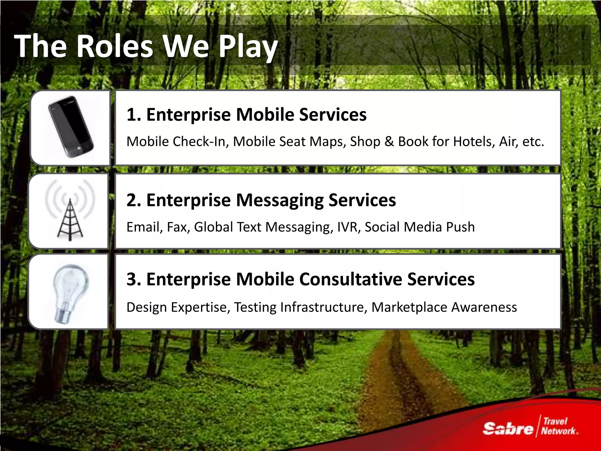 The Roles We Play
       1. Enterprise Mobile Services
       Mobile Check-In, Mobile Seat Maps, Shop & Book for Hotels, Air, etc.



       2. Enterprise Messaging Services
       Email, Fax, Global Text Messaging, IVR, Social Media Push


       3. Enterprise Mobile Consultative Services
       Design Expertise, Testing Infrastructure, Marketplace Awareness
 