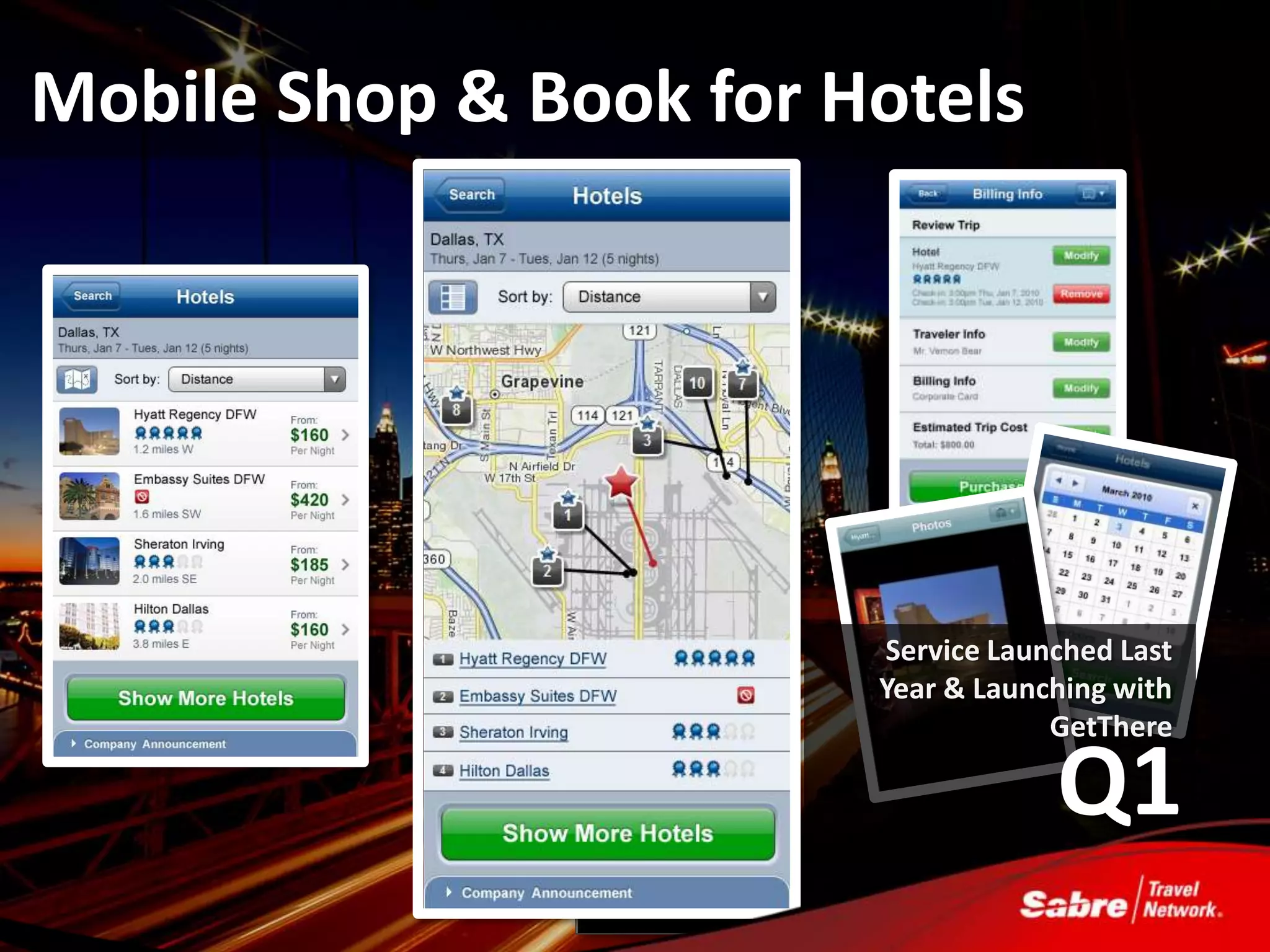 Mobile Shop & Book for Hotels




                        Service Launched Last
                        Year & Launching with
                                    GetThere

                                    Q1
 