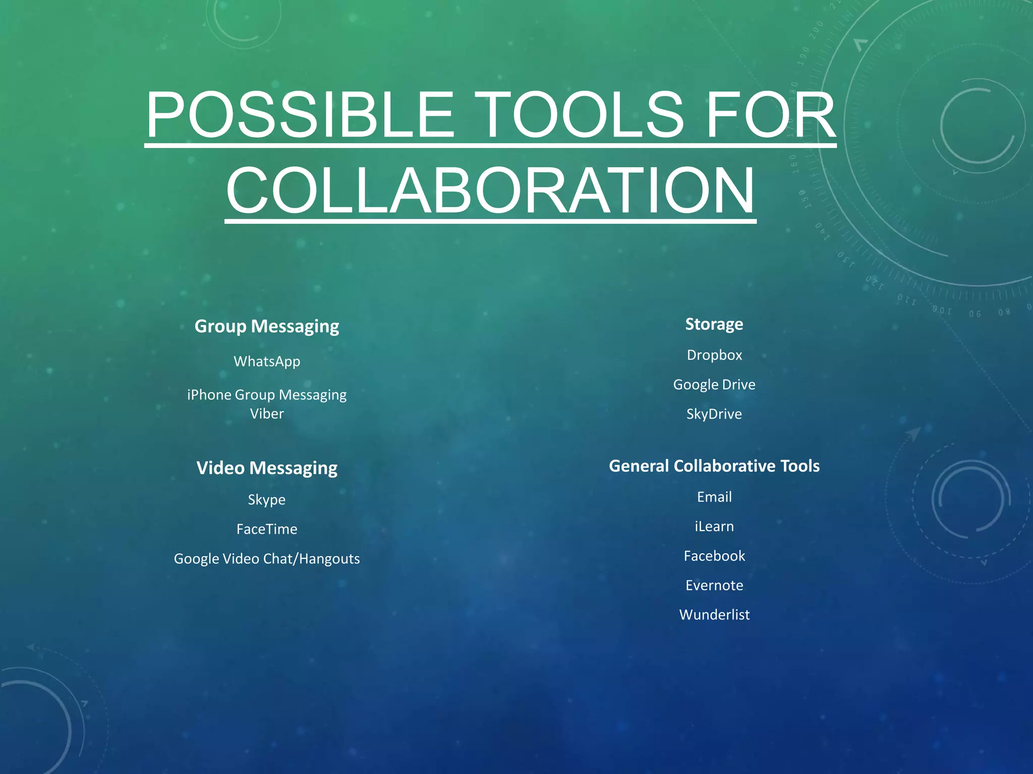 POSSIBLE TOOLS FOR
COLLABORATION
Group Messaging
WhatsApp
iPhone Group Messaging
Viber
Video Messaging
Skype
FaceTime
Google Video Chat/Hangouts
Storage
Dropbox
Google Drive
SkyDrive
General Collaborative Tools
Email
iLearn
Facebook
Evernote
Wunderlist
 