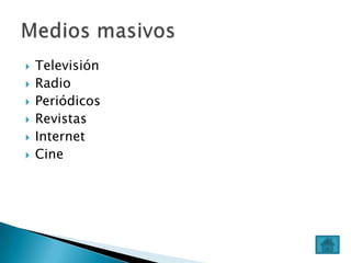 







Televisión
Radio
Periódicos
Revistas
Internet
Cine

 