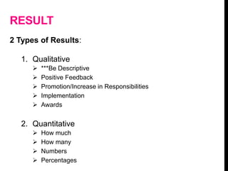 RESULT
2 Types of Results:
1. Qualitative
 ***Be Descriptive
 Positive Feedback
 Promotion/Increase in Responsibilities
 Implementation
 Awards
2. Quantitative
 How much
 How many
 Numbers
 Percentages
 