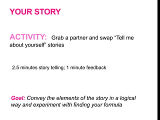 YOUR STORY
ACTIVITY: Grab a partner and swap “Tell me
about yourself” stories
2.5 minutes story telling; 1 minute feedback
Goal: Convey the elements of the story in a logical
way and experiment with finding your formula
 