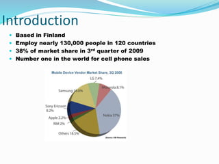 Introduction
 Based in Finland
 Employ nearly 130,000 people in 120 countries
 38% of market share in 3rd quarter of 2009
 Number one in the world for cell phone sales
 