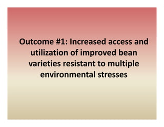 Outcome #1: Increased access and 
O t       #1 I         d           d
  utilization of improved bean 
                   p
  varieties resistant to multiple 
     environmental stresses
         i          l
 