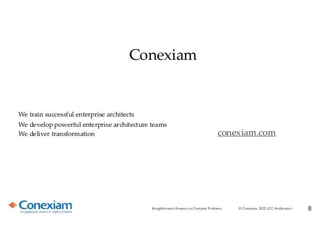 Conexiam
We train successful enterprise architects
We develop powerful enterprise architecture teams
We deliver transformation conexiam.com
8
© Conexiam, 2022 (CC Attribution)
Straightforward Answers to Complex Problems
 