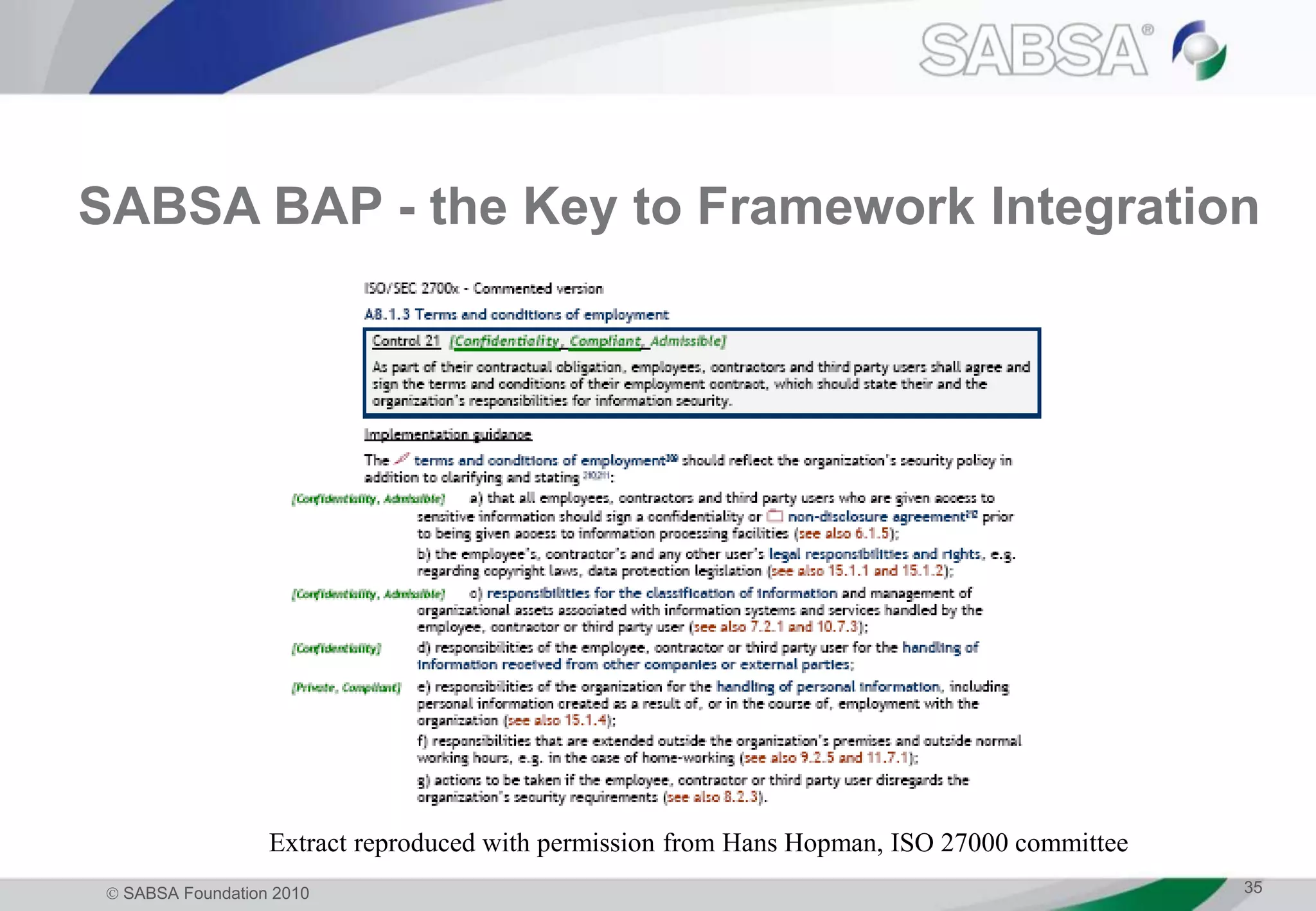  SABSA Foundation 2010 35
SABSA BAP - the Key to Framework Integration
Extract reproduced with permission from Hans Hopman, ISO 27000 committee
 
