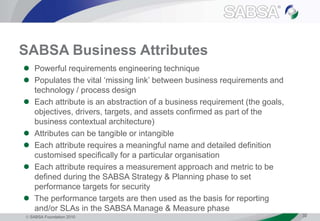  SABSA Foundation 2010 32
SABSA Business Attributes
 Powerful requirements engineering technique
 Populates the vital ‘missing link’ between business requirements and
technology / process design
 Each attribute is an abstraction of a business requirement (the goals,
objectives, drivers, targets, and assets confirmed as part of the
business contextual architecture)
 Attributes can be tangible or intangible
 Each attribute requires a meaningful name and detailed definition
customised specifically for a particular organisation
 Each attribute requires a measurement approach and metric to be
defined during the SABSA Strategy & Planning phase to set
performance targets for security
 The performance targets are then used as the basis for reporting
and/or SLAs in the SABSA Manage & Measure phase
 