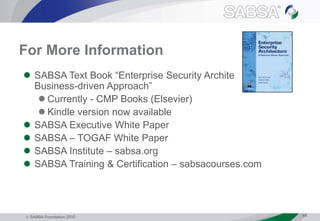  SABSA Foundation 2010 44
For More Information
 SABSA Text Book “Enterprise Security Architecture: A
Business-driven Approach”
 Currently - CMP Books (Elsevier)
 Kindle version now available
 SABSA Executive White Paper
 SABSA – TOGAF White Paper
 SABSA Institute – sabsa.org
 SABSA Training & Certification – sabsacourses.com
 