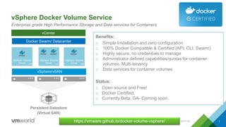 vSphere Docker Volume Service
1
Enterprise grade High Performance Storage and Data services for Containers
Photon Machine
Persistent Datastore
(Virtual SAN)
vSphere/vSAN
Container
vSphere Volume
DriverPhoton Machine
vSphere Volume
DriverPhoton Machine
vSphere Volume
Driver
Docker Swarm/ Datacenter
vCenter
VMVMVM
CONFIDENTIAL
Benefits:
o Simple Installation and zero configuration
o 100% Docker Compatible & Certified (API, CLI, Swarm)
o Highly secure, no credentials to manage
o Administrator defined capabilities/quotas for container
volumes, Multi-tenancy
o Data services for container volumes
Status:
o Open source and Free!
o Docker Certified.
o Currently Beta. GA- Coming soon.
https://vmware.github.io/docker-volume-vsphere/
 