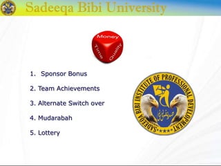 1. Sponsor Bonus
2. Team Achievements
3. Alternate Switch over
4. Mudarabah
5. Lottery
 