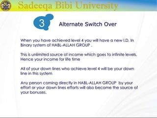 When you have achieved level 4 you will have a new I.D. In
Binary system of HABL-ALLAH GROUP .
This is unlimited source of income which goes to infinite levels.
Hence your income for life time
All of your down lines who achieve level 4 will be your down
line in this system
Any person coming directly in HABL-ALLAH GROUP by your
effort or your down lines efforts will also become the source of
your bonuses.
Alternate Switch Over3
 