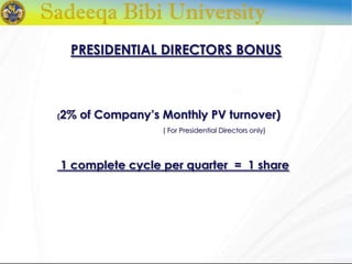 PRESIDENTIAL DIRECTORS BONUS
(2% of Company’s Monthly PV turnover)
( For Presidential Directors only)
1 complete cycle per quarter = 1 share
 