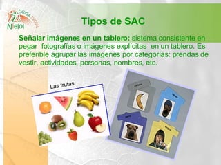 Tipos de SAC Señalar imágenes en un tablero:  sistema consistente en pegar  fotografías o imágenes explícitas  en un table...