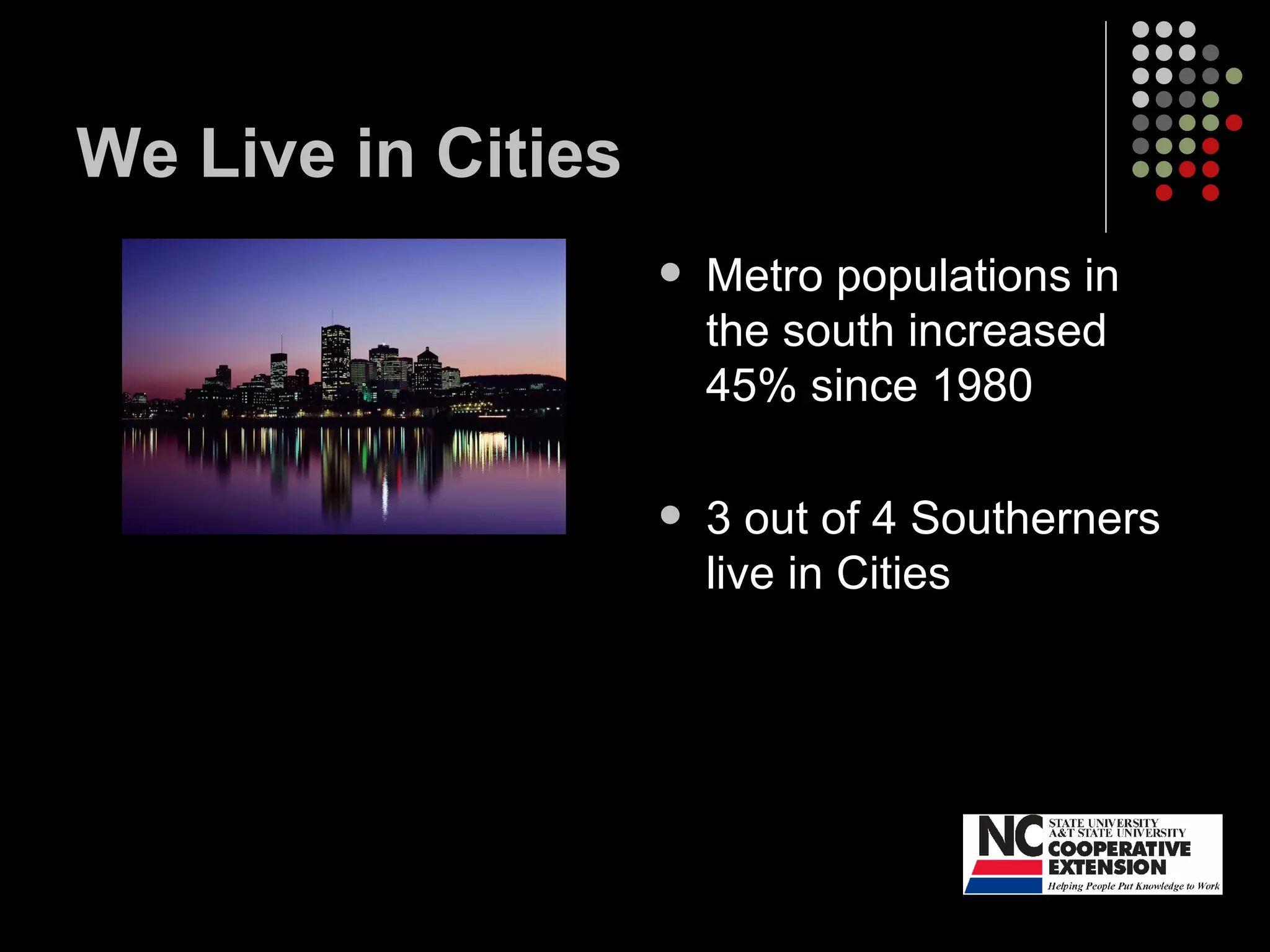We Live in Cities Metro populations in the south increased 45% since 1980 3 out of 4 Southerners live in Cities 