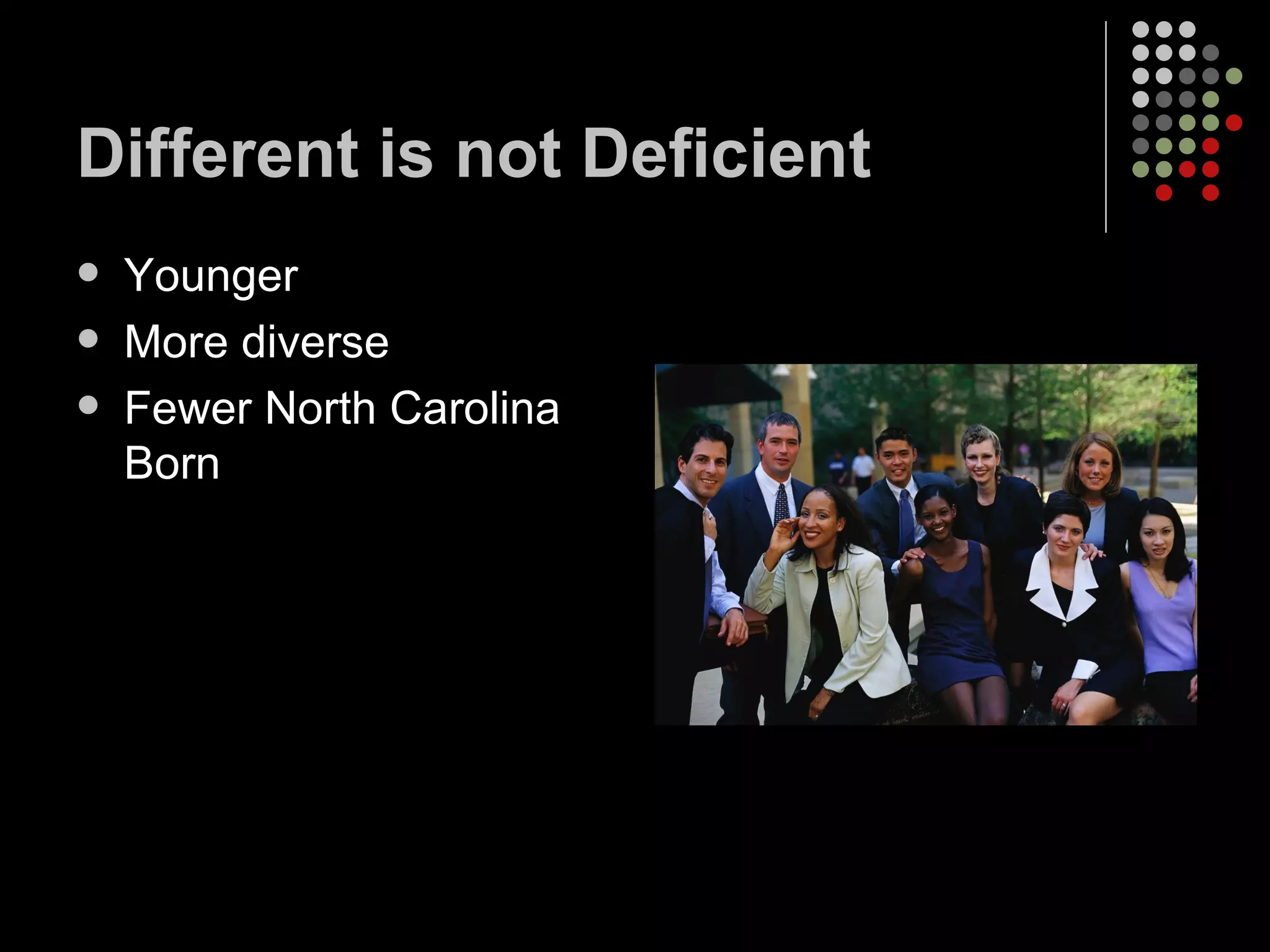 Different is not Deficient Younger  More diverse Fewer North Carolina Born 