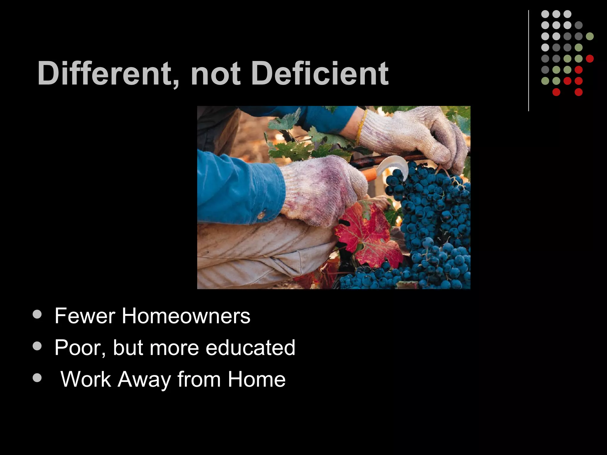 Different, not Deficient Fewer Homeowners Poor, but more educated Work Away from Home 