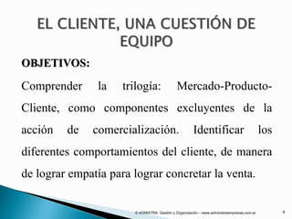 OBJETIVOS:
Comprender la trilogía: Mercado-Producto-
Cliente, como componentes excluyentes de la
acción de comercialización. Identificar los
diferentes comportamientos del cliente, de manera
de lograr empatía para lograr concretar la venta.
© ADMISTRA. Gestión y Organización – www.administraempresas.com.ar 4
 
