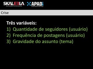 Crise

Três variáveis:
1)  Quantidade de seguidores (usuário)
2)  Frequência de postagens (usuário)
3)  Gravidade do assunto (tema)

 