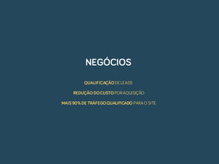 QUALIFICAÇÃODELEADS
REDUÇÃO DOCUSTOPORAQUISIÇÃO
MAIS 90%DE TRÁFEGOQUALIFICADO PARAO SITE
NEGÓCIOS
 