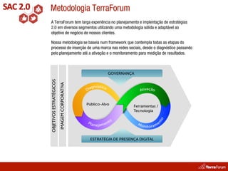 Metodologia TerraForum
A TerraForum tem larga experiência no planejamento e implentação de estratégias
2.0 em diversos segmentos utilizando uma metodologia sólida e adaptável ao
objetivo de negócio de nossos clientes.

Nossa metodologia se baseia num framework que contempla todas as etapas do
processo de inserção de uma marca nas redes sociais, desde o diagnóstico passando
pelo planejamento até a ativação e o monitoramento para medição de resultados.
OBJETIVOS ESTRATÉGICOS!
                          IMAGEM CORPORATIVA!
 