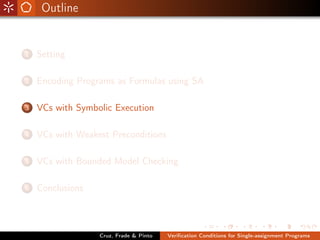 Outline


1   Setting

2   Encoding Programs as Formulas using SA

3   VCs with Symbolic Execution

4   VCs with Weakest Preconditions

5   VCs with Bounded Model Checking

6   Conclusions



                  Cruz, Frade & Pinto   Veriﬁcation Conditions for Single-assignment Programs
 