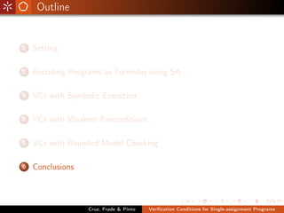 Outline


1   Setting

2   Encoding Programs as Formulas using SA

3   VCs with Symbolic Execution

4   VCs with Weakest Preconditions

5   VCs with Bounded Model Checking

6   Conclusions



                  Cruz, Frade & Pinto   Veriﬁcation Conditions for Single-assignment Programs
 