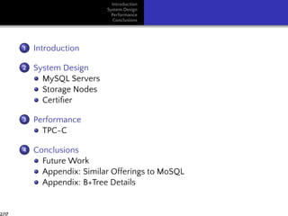 Introduction
System Design
Performance
Conclusions
1 Introduction
2 System Design
MySQL Servers
Storage Nodes
Certiﬁer
3 Performance
TPC-C
4 Conclusions
Future Work
Appendix: Similar Offerings to MoSQL
Appendix: B+Tree Details
2/17
 