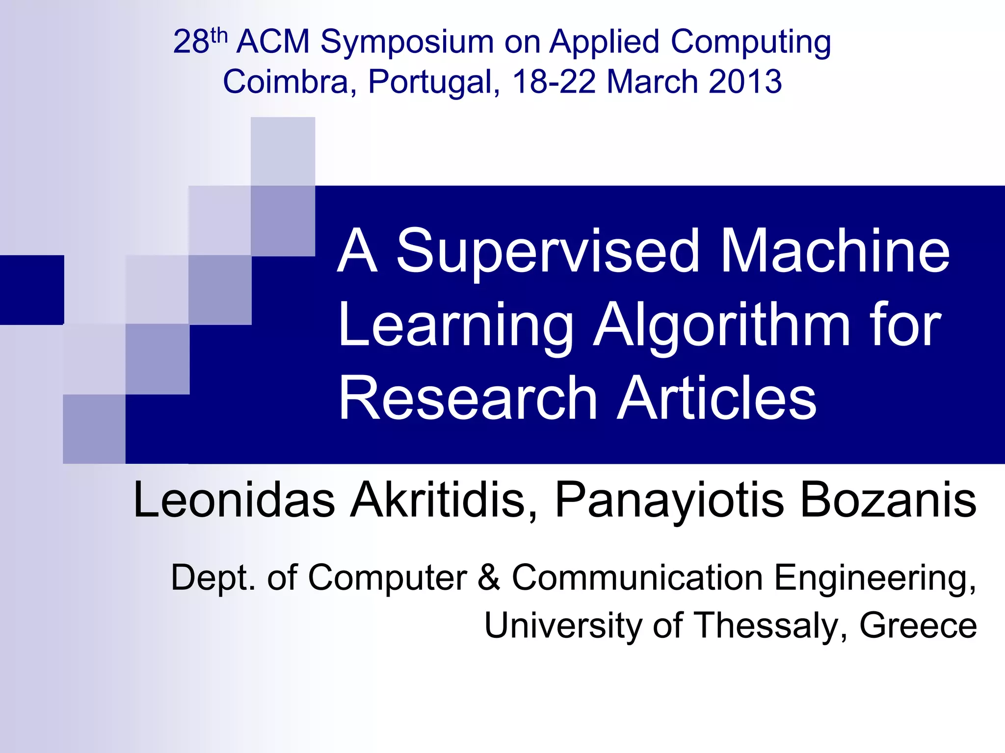 A Supervised Machine Learning Algorithm for Research Articles | PPT