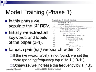 ACM SAC 2013, Coimbra, Portugal 9University of Thessaly
Model Training (Phase 1)
 In this phase we
populate the K RDV.
 Initially we extract all
keywords and labels
of the paper (3-4).
 for each pair (k,c) we search within K
If the (keyword, label) is not found, we set the
corresponding frequency equal to 1 (10-11).
Otherwise, we increase the frequency by 1 (13).
 