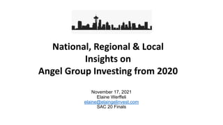 November 17, 2021
Elaine Werffeli
elaine@elaingelinvest.com
SAC 20 Finals
National, Regional & Local
Insights on
Angel Group Investing from 2020
 