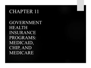 CHAPTER 11
GOVERNMENT
HEALTH
INSURANCE
PROGRAMS:
MEDICAID,
CHIP, AND
MEDICARE
 