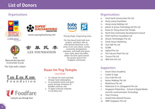 List of Donors
                  Organisations                                                                                 Organisations
                                                                                                                9    Great Earth Construction Pte Ltd
                                                                                                                10   Hong Leong Foundation
                                                                                                                11   Hong Leong Holdings Ltd
                                                                                                                12   Jebsen & Jessen Technology (S) Pte Ltd
                                                                                                                13   Kwan Im Thong Hood Cho Temple
                                                                                                                14   North East Community Development Council
                                        www.supergalvanising.com                                                15   NTUC FairPrice Foundation Ltd
                                                                                                                16   Orionis Technologies Pte Ltd
                                                                           The Tote Board funds both local
                                                                              projects, and those with an       17   Sands House Marketing
                                                                            international dimension in the      18   Scan-Bilt Pte Ltd
                                                                          areas of arts and culture, charity,   19   SCORE
                                                                               community development,
                                                                          education, and health and sports.     20   Sigford Pte Ltd
                                                                             Since 1968, about S$4 billion      21   The Fulcrum Point Pte Ltd
                                                                            dollars has been given toward       22   Trussco Pte Ltd
                                                                                the greater good of the
                                                                                 Singapore community.           23   Wild Oats Pte Ltd


             The Club with a Heart
                                                                                                                Supporters
                                                      Kuan Im Tng Temple                                        1    Asean Chess Academy
                                                                 (Joo Chiat)                                    2    Caelan & Sage
                                                      1. To cultivate the mind and body                         3    Coca-Cola Pte Ltd
                                                         through Taoist philosophies;                           4    Kenko Holdings Pte Ltd
                                                      2. To accumulate merits and good
                                                         karma through recitations of                           5    MediaCorp Pte Ltd
                                                         Buddhist mantras; and                                  6    Robinsons & Co. (Singapore) Pte Ltd
                                                      3. To apply Confucian etiquette                           7    Singapore Polytechnic - School of Digital Media
                                                         in everyday lives.
                                                                                                                     and Info-communication Technology
                                                                                                                8    That’s Printing
                   Caring for you through food                                                                  9    United International Pictures
                                                                                                                10   WMF Singapore Pte Ltd
AR 0
       9/
         1
         0
             SA




 10
             CA
 