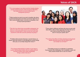 Voices of SACA

 “ It is encouraging to see clients and their families display
   courage and perseverance when facing the difﬁculties
        and stigmatisation encountered during the
                 reintegration journey. ”




“ What touched me most in my work is humility. My clients
transformed themselves from their previously 'high' lives to
 their current humble selves. It serves as a reminder to me
                 to keep myself grounded. ”




 “ Not all of my clients have successfully reintegrated. Yet     “ Every client is different and hence the way we work with
  there are some very eager to prove to society that they         them differs. Most of them appreciate the time that we've
  deserve a second chance. Those are the ones who have                     put in just to ensure that they are okay,
   touched me with their sincerity and keep me going. ”                        even if it was just a phone call. ”




  “ I believe that everyone deserves a second chance, no          “ To witness the efforts of clients who keep moving ahead
matter what their history is; and although we cannot change               despite obstacles proves that the human spirit
       their past, we can help change their future. ”                              can triumph over all odds. ”




   “  I've always believed that it is better to give than to          “  Providing services to ex-offenders is sometimes
   receive. Hearing about clients who are coping well and        frustrating but also challenging. This is probably a career not
          striving to achieve their goals undoubtedly                   many would consider but it is one-of-a-kind. ”
                  brings a smile to my face. ”
                                                                                                                                                   CA
                                                                                                                                              SA
                                                                                                                                          0




                                                                                                                                      1
                                                                                                                                    9/
                                                                                                                                              31




                                                                                                                                   AR 0
 
