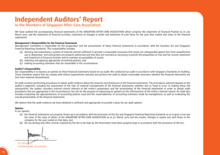Independent Auditors’ Report
                  to the Members of Singapore After-Care Association
                  We have audited the accompanying ﬁnancial statements of the SINGAPORE AFTER-CARE ASSOCIATION which comprise the Statement of Financial Position as at 31st
                  March 2010, and the statement of ﬁnancial activities, statement of changes in funds and statement of cash ﬂows for the year then ended, and notes to the ﬁnancial
                  statements.

                  Management’s Responsibility for the Financial Statements
                  Management committee is responsible for the preparation and fair presentation of these ﬁnancial statements in accordance with the Societies Act and Singapore
                  Financial Reporting Standards. This responsibility includes:
                      (a) devising and maintaining a system of internal controls sufﬁcient to provide a reasonable assurance that assets are safeguarded against loss from unauthorized
                            use or disposition: and transactions are properly authorized and that they are recorded as necessary to permit the preparation of true and fair income statement
                            and Statement of Financial Position and to maintain accountability of assets;
                      (b) selecting and applying appropriate accounting policies; and
                      (c) making accounting estimates that are reasonable in the circumstances.

                  Auditor’s Responsibility
                  Our responsibility is to express an opinion on these ﬁnancial statements based on our audit. We conducted our audit in accordance with Singapore Standards on Auditing.
                  Those standards require that we comply with ethical requirements and plan and perform the audit to obtain reasonable assurance whether the ﬁnancial statements are
                  free from material misstatement.

                  An audit involves performing procedures to obtain audit evidence about the amounts and disclosures in the ﬁnancial statements. The procedures selected depend on the
                  auditor’s judgment, including the assessment of the risks of material misstatement of the ﬁnancial statements, whether due to fraud or error. In making those risk
                  assessments, the auditor considers internal control relevant to the entity’s preparation and fair presentation of the ﬁnancial statements in order to design audit
                  procedures that are appropriate in the circumstances, but not for the purpose of expressing an opinion on the effectiveness of the entity’s internal control. An audit also
                  includes evaluating the appropriateness of accounting policies used and the reasonableness of accounting estimates made by management, as well as evaluating the
                  overall presentation of the ﬁnancial statements.

                  We believe that the audit evidence we have obtained is sufﬁcient and appropriate to provide a basis for our audit opinion.

                  Opinion
                  In our opinion,
                       (a) the ﬁnancial statements are properly drawn up in accordance with the provisions of the Act and Singapore Financial Reporting Standards so as to give a true and
                           fair view of the state of affairs of the SINGAPORE AFTER-CARE ASSOCIATION as at 31st March 2010 and the results, changes in equity and cash ﬂows of the
                           company for the year ended on that date; and
                       (b) the accounting and other records required by the Act to be kept by the Association have been properly kept in accordance with the provisions of the Act.




                    K.S. NG & CO.,
AR 0
       9/           Certiﬁed public accountants
         1
         0
             SA




42
             CA
 