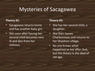 Mysteries of Sacagawea Theory #1: Sacagawea returns home and has another baby girl. She soon after having her second child becomes very ill and dies from her sickness. Theory #2: She has her second child, a daughter. She then leaves Charbonneau and returns to her Shoshoni village. No one knows what happened to her after that, but the theory is she died of old age. 