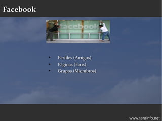 Facebook




           
               Perfiles (Amigos)
           
               Páginas (Fans)
           
               Grupos (Miembros)




                                   www.terainfo.net
 
