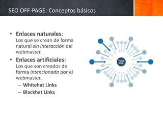SEO OFF-PAGE: Conceptos básicos
• Enlaces naturales:
Los que se crean de forma
natural sin interacción del
webmaster.
• Enlaces artificiales:
Los que son creados de
forma intencionada por el
webmaster.
– Whitehat Links
– Blackhat Links
 