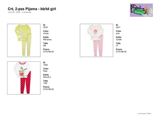 Crt, 2-pzs Pijama - bb/td girl
Line ID: 1059 - 3 products




                             ID          ID
                             2030        2241
                             Color       Color
                             Verde       pink
                             Estilo      Estilo
                             Mariposa    Castle
                             Talla       Talla
                             6M          2T
                             Precio      Precio
                             GTQ186.00   GTQ186.00




                             ID
                             1956
                             Color
                             Rojo
                             Estilo
                             RenoÂ´s
                             Talla
                             12M
                             Precio
                             GTQ186.00




                                                     Line Sheet (18/54)
 