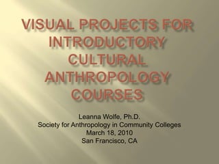 Visual Projects for Introductory Cultural Anthropology Courses Leanna Wolfe, Ph.D.  Society for Anthropology in Community Colleges March 18, 2010 San Francisco, CA 