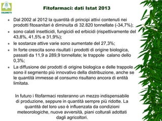 Fitofarmaci: dati Istat 2013









Dal 2002 al 2012 la quantità di principi attivi contenuti nei
prodotti fitosanitari è diminuita di 32.820 tonnellate (-34,7%);
sono calati insetticidi, fungicidi ed erbicidi (rispettivamente del
43,8%, 41,5% e 31,9%);
le sostanze attive varie sono aumentate del 27,3%;
In forte crescita sono risultati i prodotti di origine biologica,
passati da 11,9 a 289,9 tonnellate; le trappole calano dello
0,3%;
La diffusione dei prodotti di origine biologica e delle trappole
sono il segmento più innovativo della distribuzione, anche se
le quantità immesse al consumo risultano ancora di entità
limitata.
In futuro i fitofarmaci resteranno un mezzo indispensabile
di produzione, seppure in quantità sempre più ridotte. La
quantità del loro uso è influenzata da condizioni
meteorologiche, nuove avversità, piani colturali adottati
dagli agricoltori.

 
