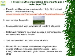 Il Progetto Efficienza Irrigua di Monsanto per il
mais: AquaTEK


Progetto pubblico-privato sperimentato in Italia (Università di
Milano – Monsanto e Netafim)
www.monsanto.com/improvingagriculture/Pages/aquatek.aspx

In cosa consiste il progetto:


Impiego di ibridi di mais convenzionali resistenti alla siccità



Sistema di irrigazione innovativo a goccia e microirrigazione
della società israeliana Netafim



Sperimentazione in atto nella pianura Padana



Misure di formazione ed informazione all’agricoltore su
quando effettuare l’irrigazione (semaforo verde – giallo –
rosso) insieme ai dati meteo geolocalizzati per evitare stress
idrico

 