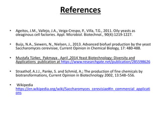 References
• Ageitos, J.M., Vallejo, J.A., Veiga-Crespo, P., Villa, T.G., 2011. Oily yeasts as
oleaginous cell factories. Appl. Microbiol. Biotechnol., 90(4):1219-1227.
• Buijs, N.A., Siewers, N., Nielsen, J., 2013. Advanced biofuel production by the yeast
Saccharomyces cerevisiae, Current Opinion in Chemical Biology, 17: 480-488.
• Mustafa Türker, Pakmaya . April ,2014 Yeast Biotechnology: Diversity and
Applications publication at https://www.researchgate.net/publication/285598626
• Straathof, A.J.J., Panke, S. and Schmid, A.; The production of fine chemicals by
biotransformations, Current Opinion in Biotechnology 2002, 13:548–556.
• Wikipedia
https://en.wikipedia.org/wiki/Saccharomyces_cerevisiae#In_commercial_applicati
ons
 
